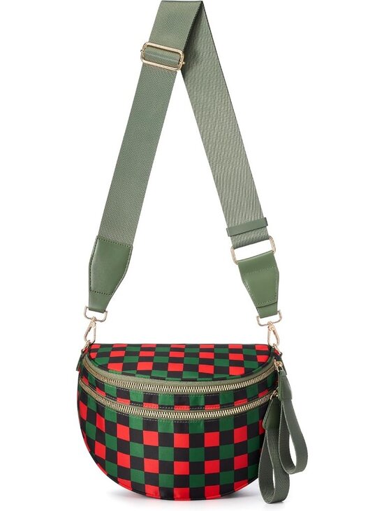 Handbags - Women's Red Green Check Nylon Spacious Bum Bag Travel Purse Crossbody Bag